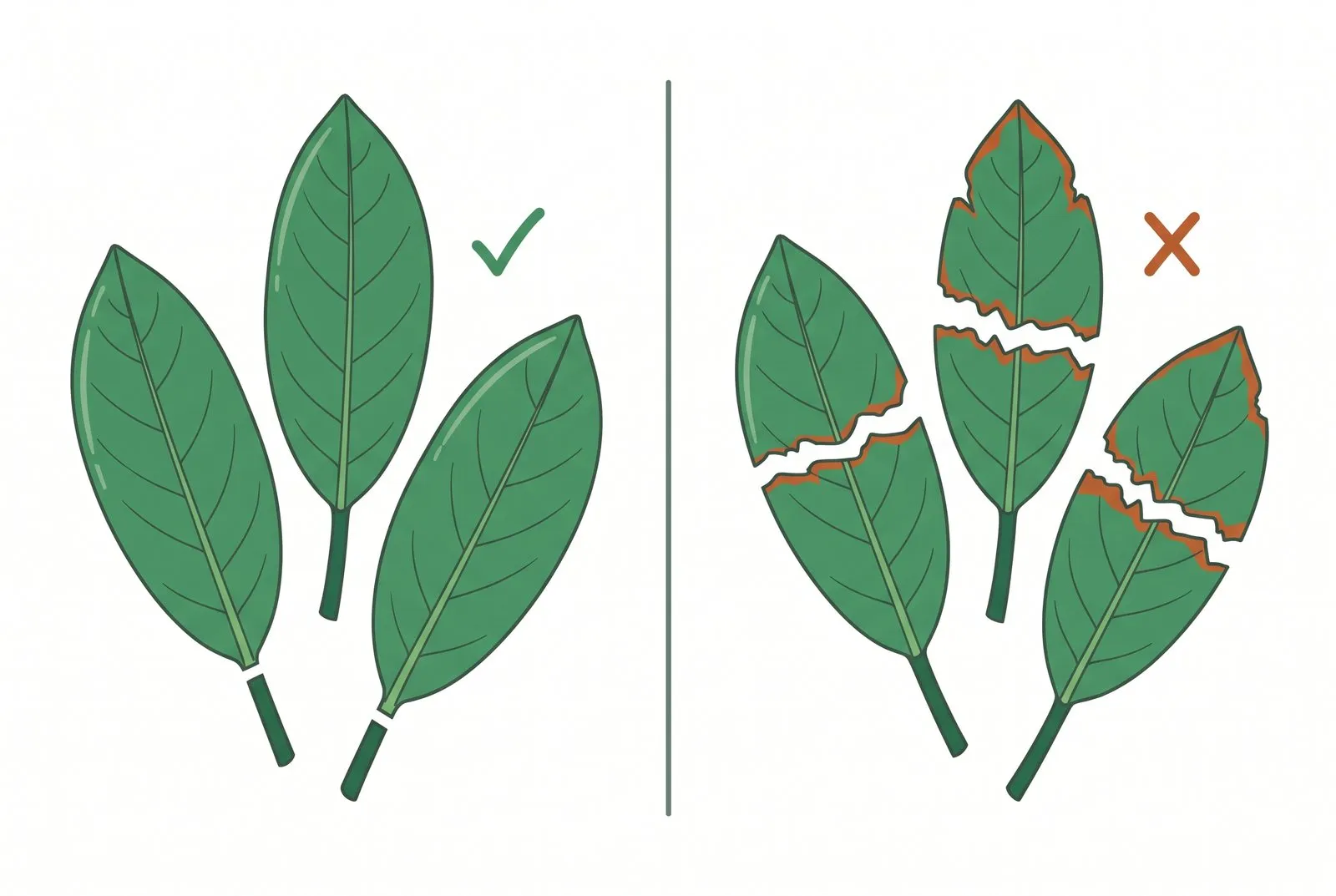 Schema: links drie bladeren die netjes door de steel zijn geknipt, met een vinkje; rechts drie bladeren die dwars door het blad zijn geknipt, met bruine randen en een kruisje.